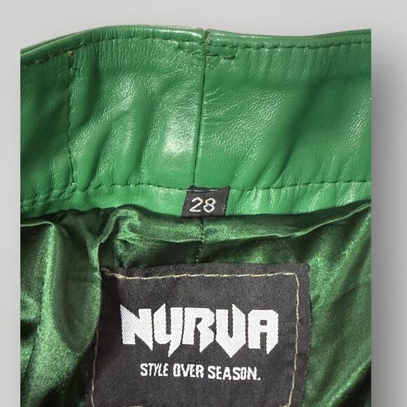 NYRVA Green Genuine Leather Flare Pants Size 28 High Waist Retro Y2K- L34 - Picture 5 of 11